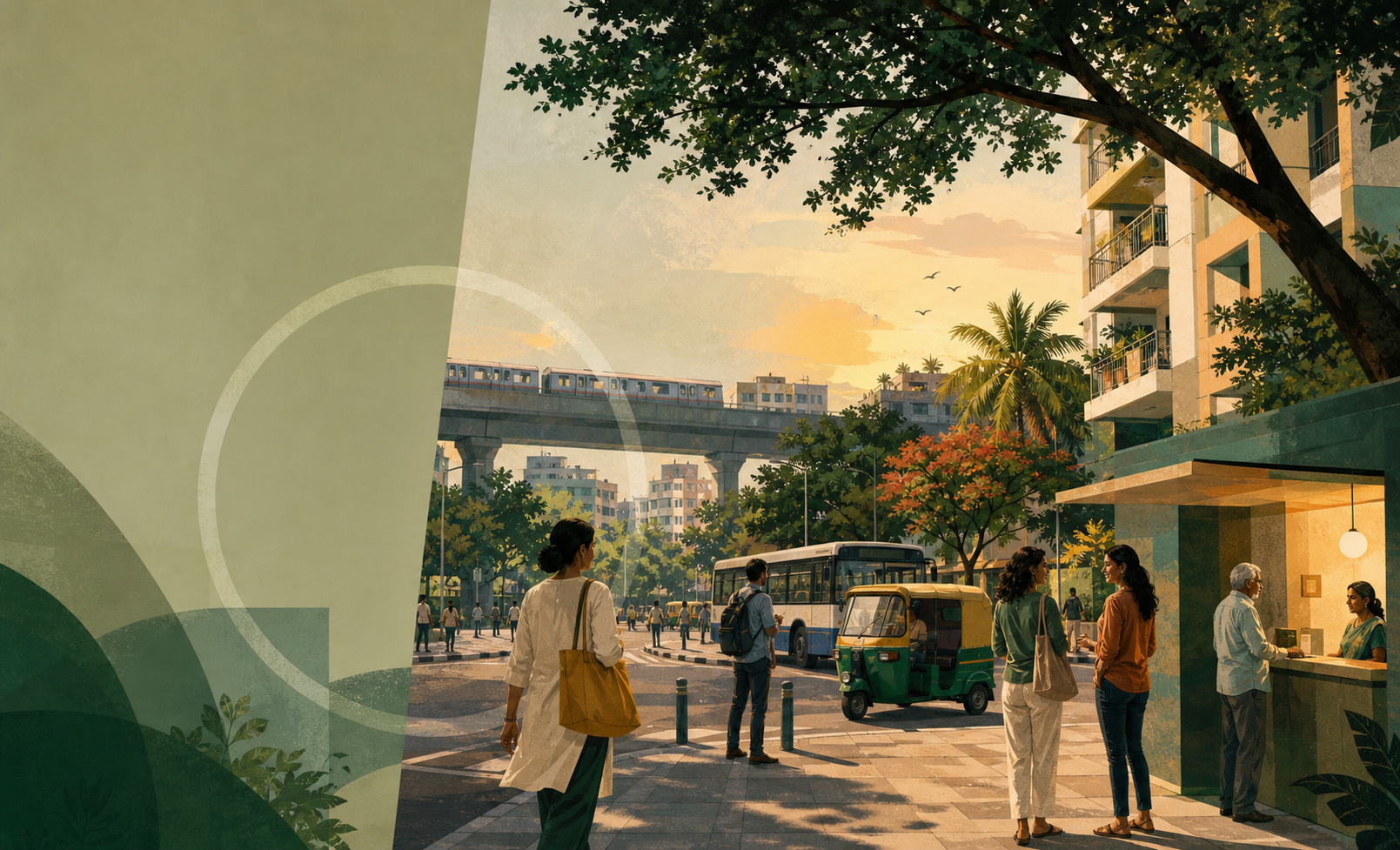 Editorial illustration of a Bengaluru neighbourhood with public transport and active streets